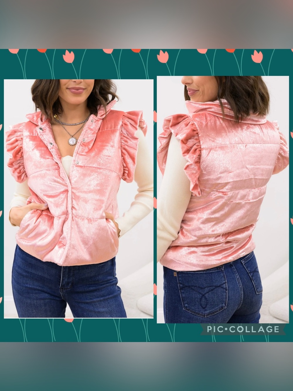 Grace & Emma Women’s Medium Shimmer Velvet Pink Ruffle Sleeve Puffer Vest